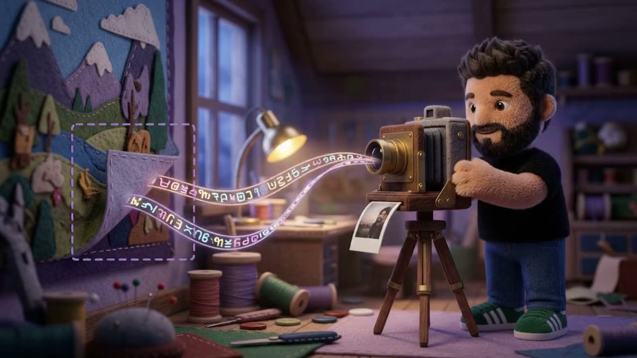 Plush Rafa behind a vintage camera on a tripod, framing a corner of a felt landscape with a dashed stitched rectangle while ribbons of thread lift off it and a photo slides out of the camera.