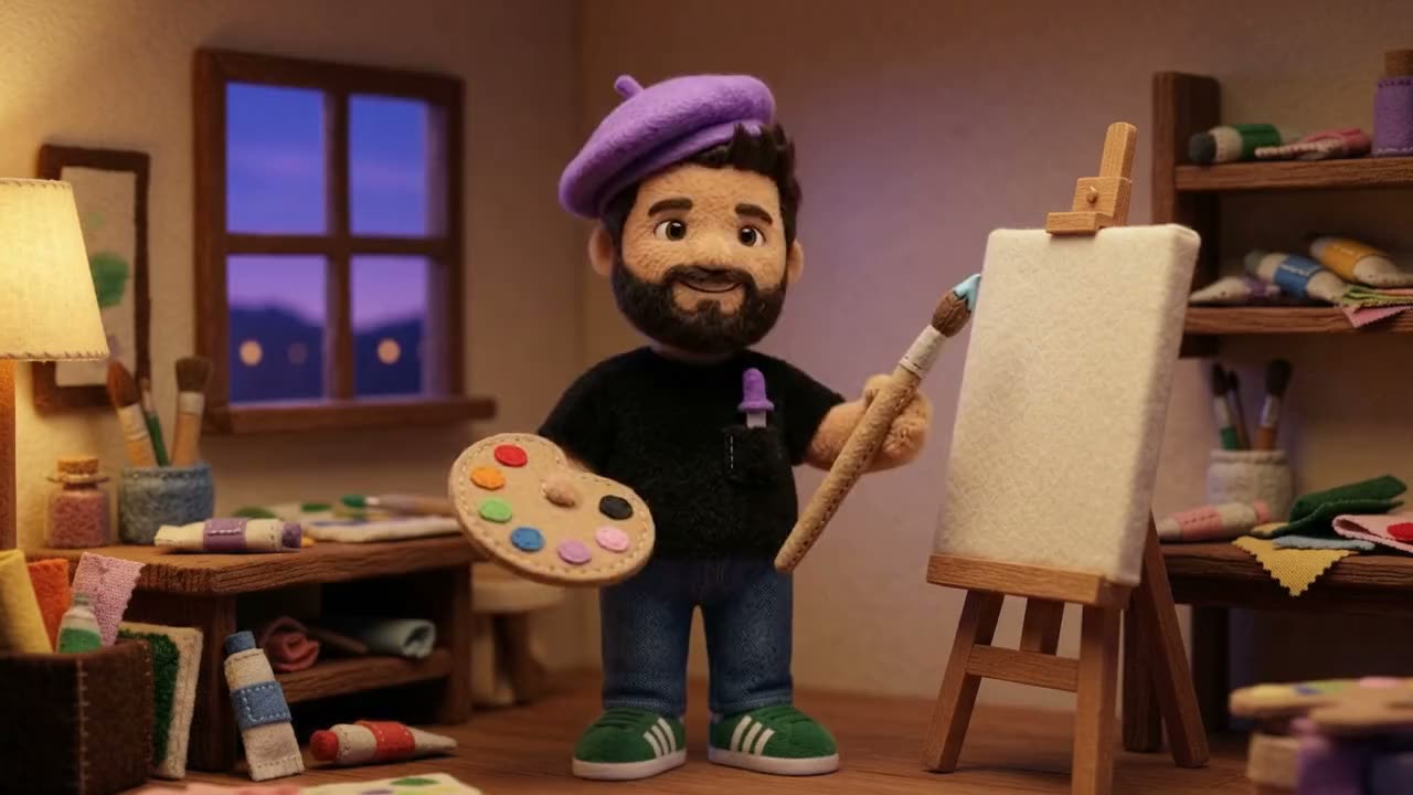 Plush Rafa in a violet beret holding a felt palette and a brush beside a blank canvas in a lamplit corner.
