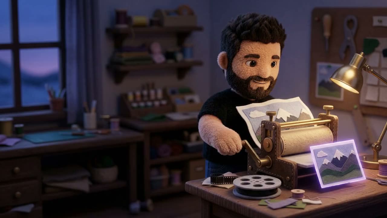 Plush Rafa cranking a small felt printing press: a large mountain print goes in and a postcard-sized copy comes out glowing violet at the edges.