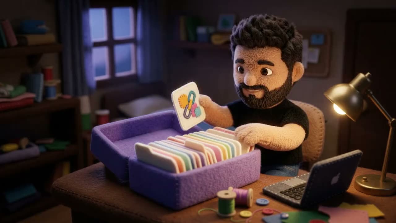 Plush Rafa at a desk with a long violet felt card-file box full of colourful cards, holding up the one card he was looking for.