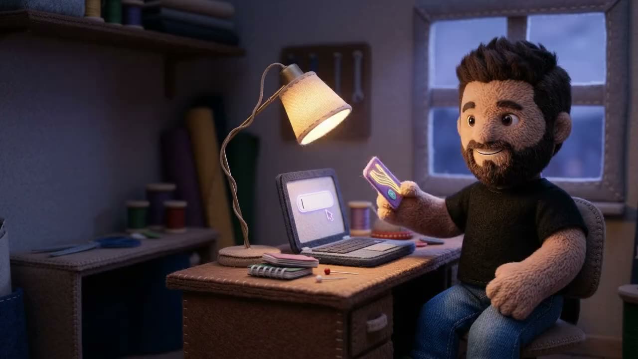 Plush Rafa at a desk beside a felt laptop with an empty text field on its screen, holding a glowing felt card ready to drop into it.