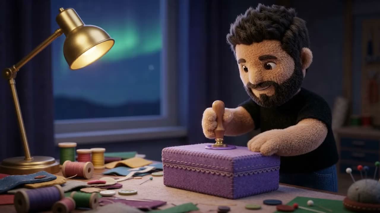 Plush Rafa pressing a brass seal onto violet wax on a closed felt box, with the aurora glowing in the window behind him.
