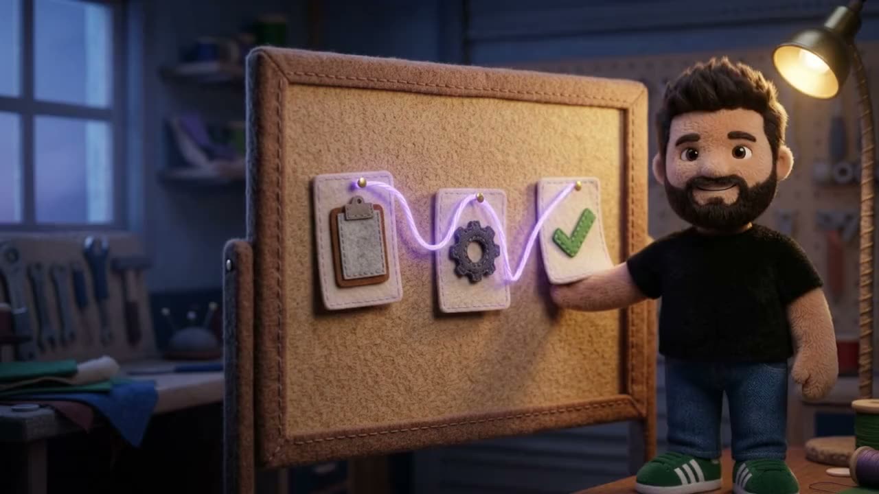 Plush Rafa beside a corkboard with three felt cards, a clipboard, a gear and a green tick, joined by one glowing violet thread.