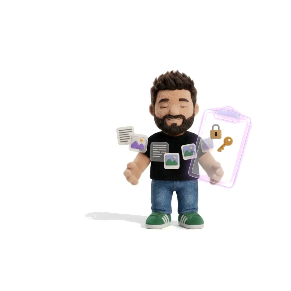 Plush Rafa, a felt toy with a dark beard, holding out felt clip cards (pages of text and pictures) beside a glowing violet clipboard with a padlock and a key, then juggling the cards in a ring around him.