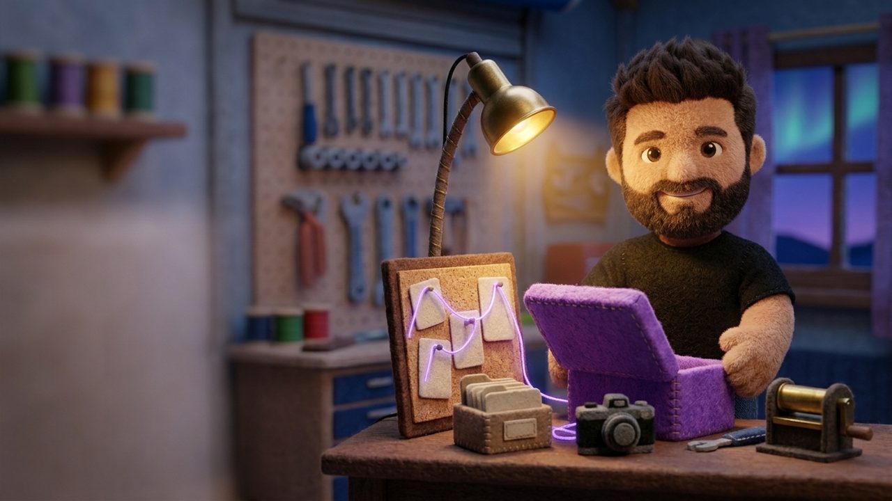 Plush Rafa, a felt toy figure with a dark beard, sits at his workbench at dusk beside an open violet felt box, a card file, a camera, a little crank machine and a corkboard of cards joined by a glowing violet thread.