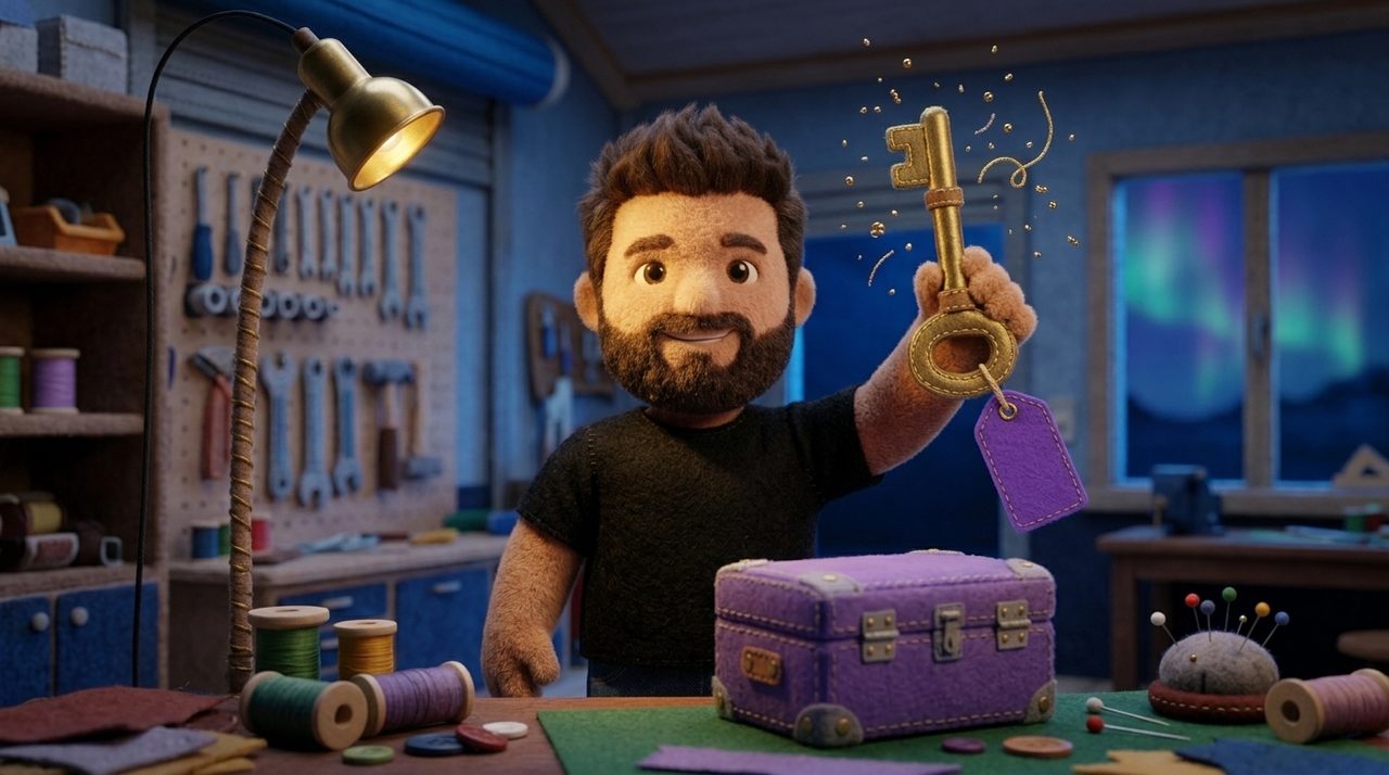 Plush Rafa holding up a brass key with a violet tag in front of the closed felt box.
