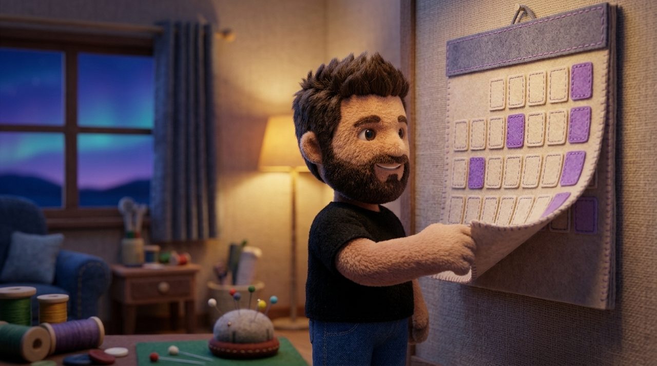 Plush Rafa turning the page of a big felt wall calendar, a few of its stitched squares filled in violet, in his workshop at dusk.
